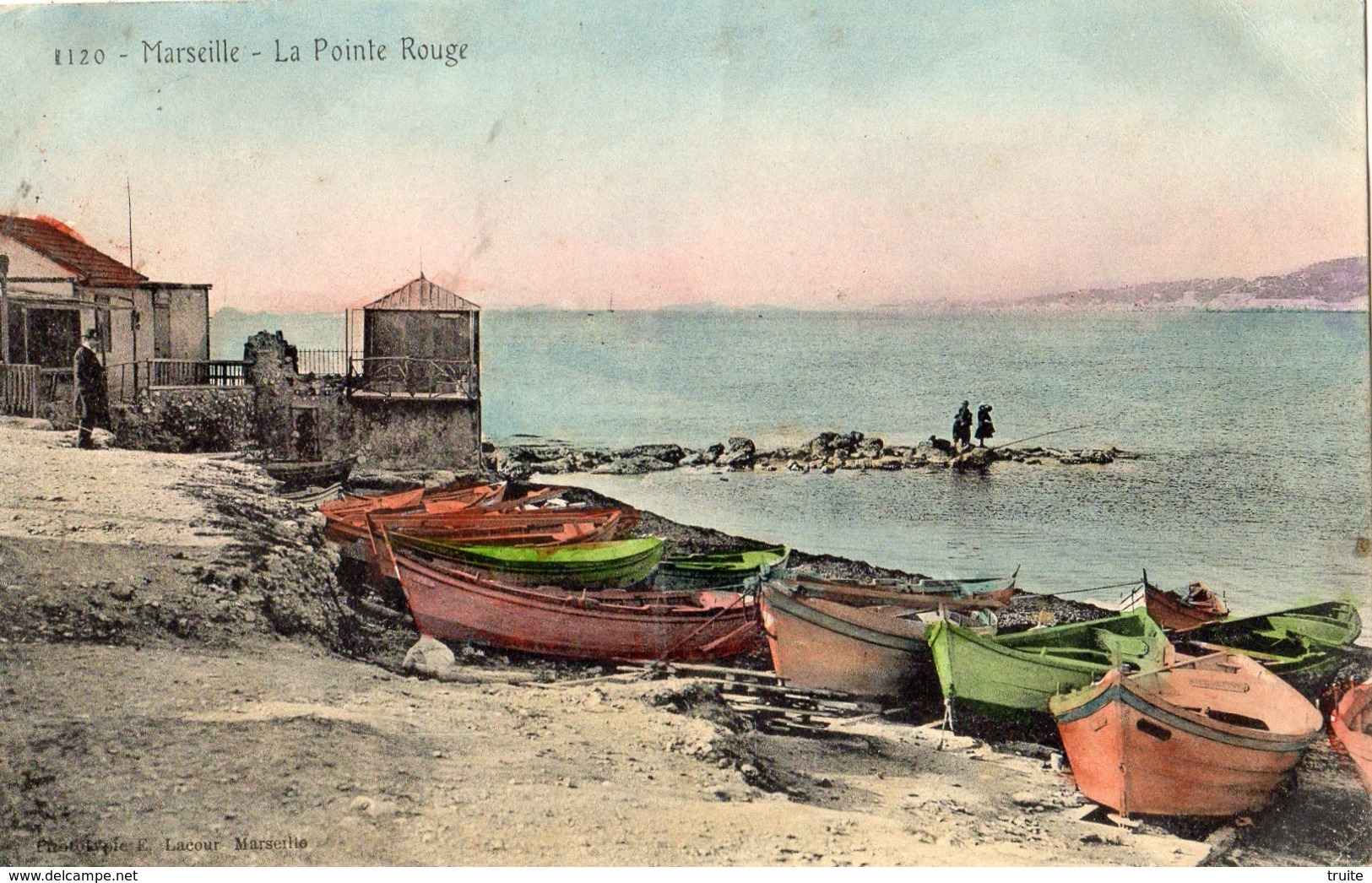 MARSEILLE LA POINTE ROUGE   (CARTE  COLORISEE ) + VIGNETTE EXPOSITION COLONIALE MARSEILLE 1906