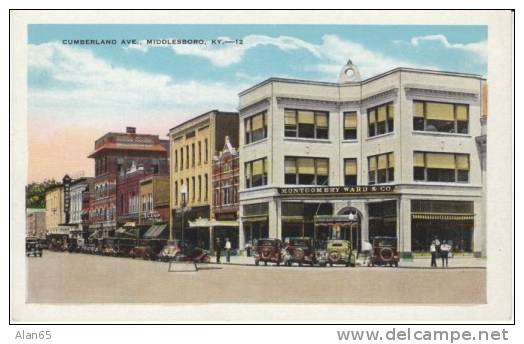 Middlesboro KY Kentucky, Cumberland Ave Street Scene, Auto, Montgomery Ward Store, c1920s Vintage Postcard