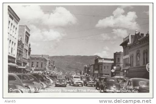 Middlesboro KY Kentucky Street Scene, Auto, Drugs Liquor Signs, on c1940s Vintage Real Photo Postcard