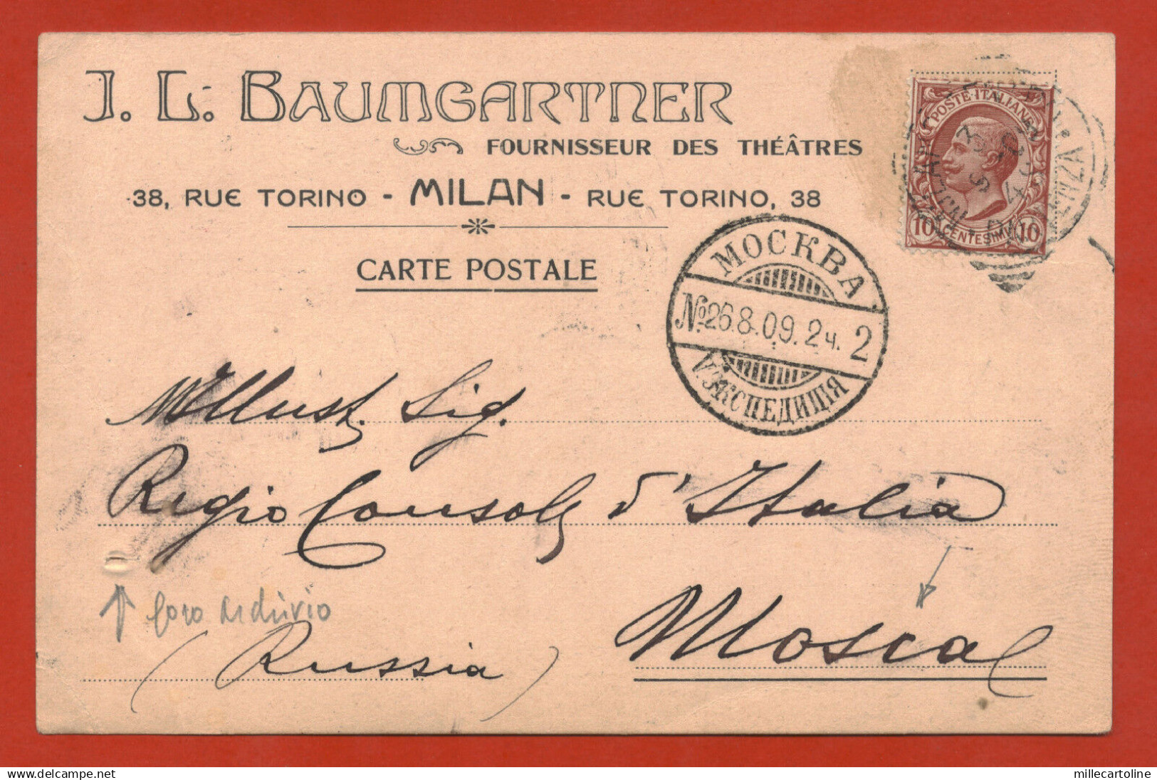 MILANO, TESTATINA J L BAUMGARTNER FORNITORE DEI TEATRI, PER MOSCA 1909   m