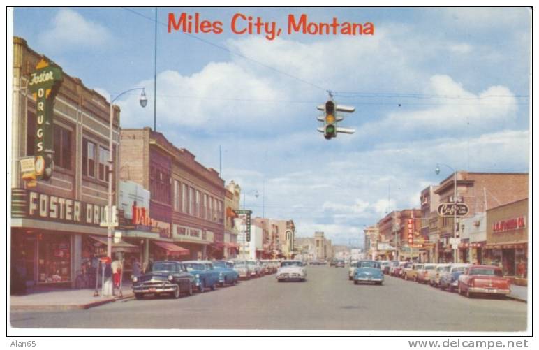 Miles City MT Montana, Main Street Chrome Street Scene, Autos, Drug Store, Cafe, Mail Box, 1950s Vintage Postcard