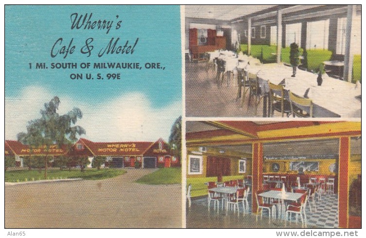 Milwaukie Oregon, Wherry's Cafe &amp; Motel, Lodging Restaurant, c1950s Vintage Linen Postcard