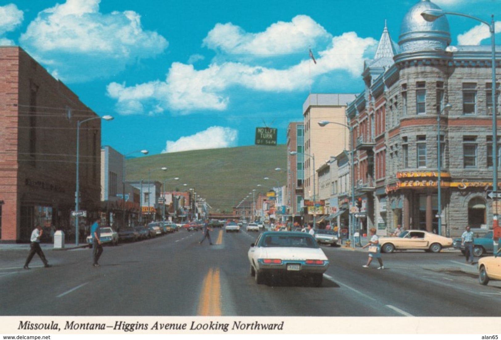 Missoula Montana Higgins Avenue Street Scene, Ford Mustang Fastback Auto c1970s Vintage Postcard