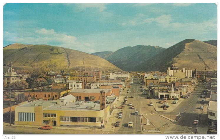 Missoula Montana, Panoramic View of Downtown Streets, Auto, Businesses, c1950s Vintage Postcard