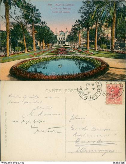 Postcard Monte-Carlo Casino and Gardens Casino et Jardins 1926