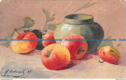 R113107 Old Postcard. Apples and Vases on the Table. 1908