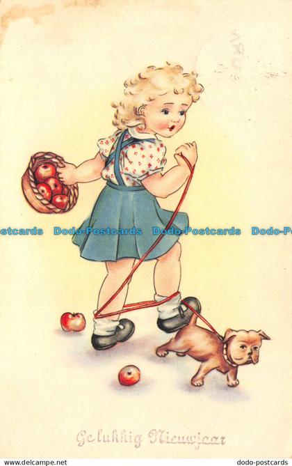 R130412 Gelukkig Nieuwjaar. Little Girl with Dog and Apples in Basket