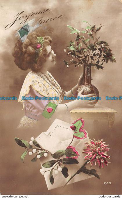 R139183 Joyeuse Annee. Woman. Flowers. Old Photography. Postcard