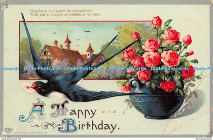 R456826 A Happy Birthday Bird Roses in vase E A Schwerdtfeger M Loewenberg 1911