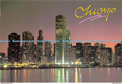 D175035 Chicago. The Chicago Skyline Sparkles at Night. Postcard Factory. Larry