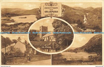 R611681 Greetings from Grasmere The Church Grasmere from Silver How Rydal Water