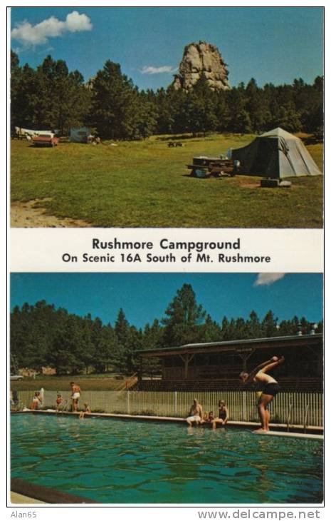 Mount Rushmore SD South Dakota, Rushmore Campground Camping Tent Swimming Pool, c1970s Vintage Postcard