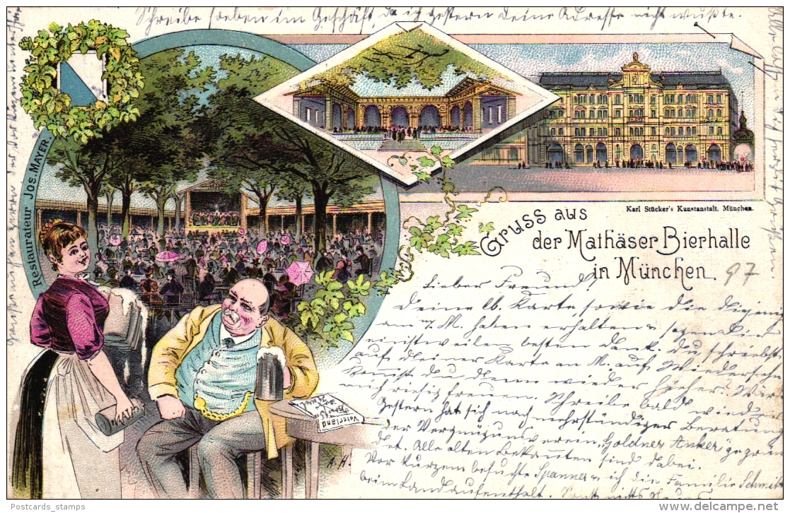 München, Mathäser Bierhalle, Farb-Litho, 1897 von München nach Düsseldorf versandt