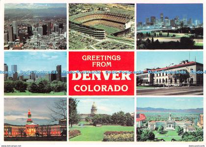 D066783 Greetings From Denver Colorado. Aerial of Denver. Mile High Stadium. Pla