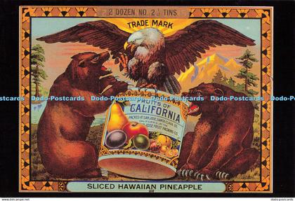 D188166 Bears and Eagle. Box Label. ca. 1900. Fruits of California. Sliced Hawai