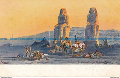 R034843 Old Postcard. People and Camels. Statues