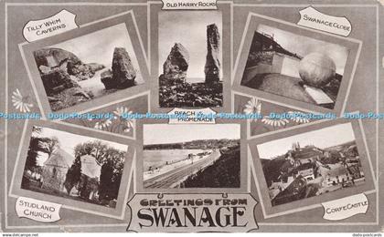 R239364 Greetings from Swanage Tilly Whim Caverns Old Harry Rocks Swanage Globe