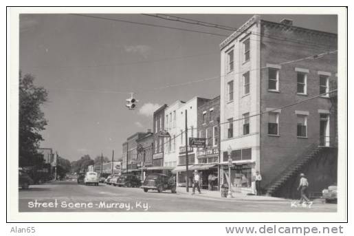 Murray KY Kentucky Street Scene, Auto, Drug Store, Shoe Store, on c1940s Vintage Real Photo Postcard