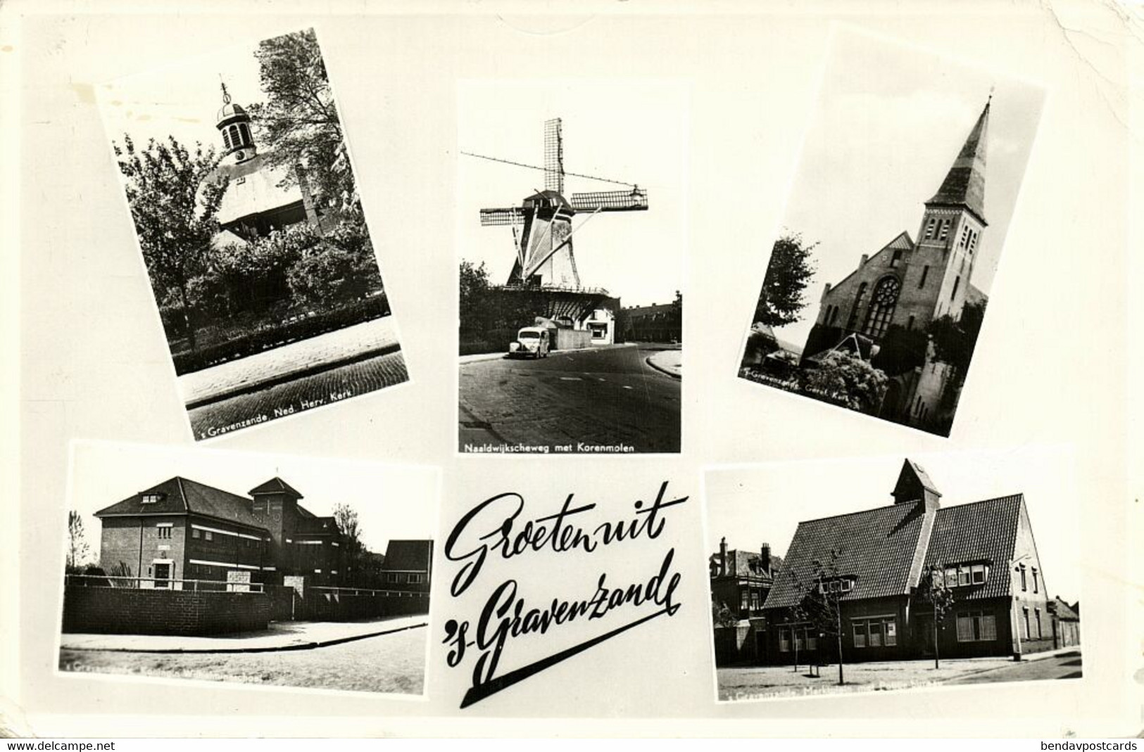 Nederland, 's-GRAVENZANDE, Molen, School, Kerken, Marktplein (1956) Ansichtkaart