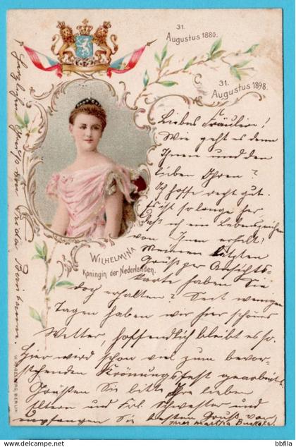 NEDERLAND prentbriefkaart Koningin Wilhelmina 1898 Amsterdam - Berlijn, Duitsland