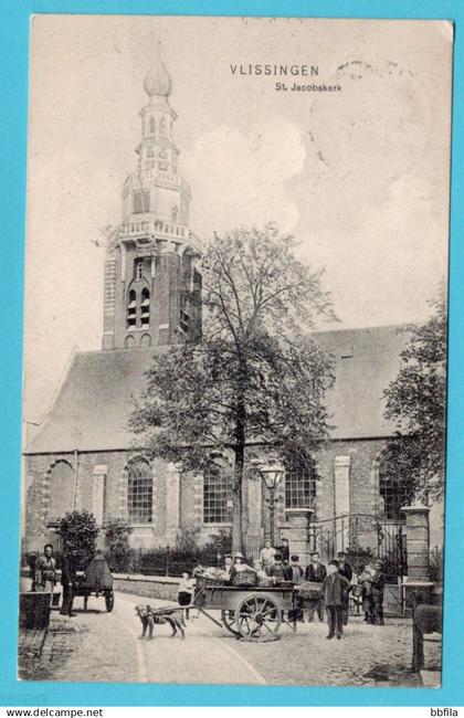 NEDERLAND prentbriefkaart St Jacobskerk met hondenkar Vlissingen 1907 treinstempel Rotterdam-Vlissingen naar Borgerhout