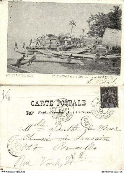 new caledonia, ISLE OF PINES, Native Kanak People with Pirogues (1905) Postcard