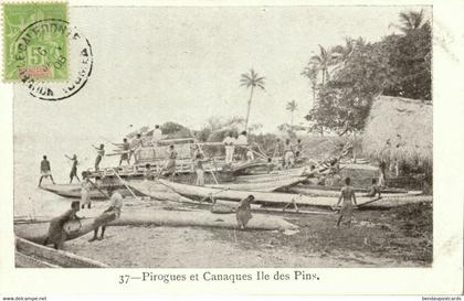 new caledonia, ISLE OF PINES, Native Kanak People with Pirogues (1908) Postcard