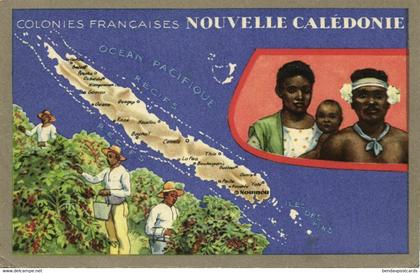 New Caledonia MAP Trade Card Lion Noir, Native People Coffee Pickers (1940s)