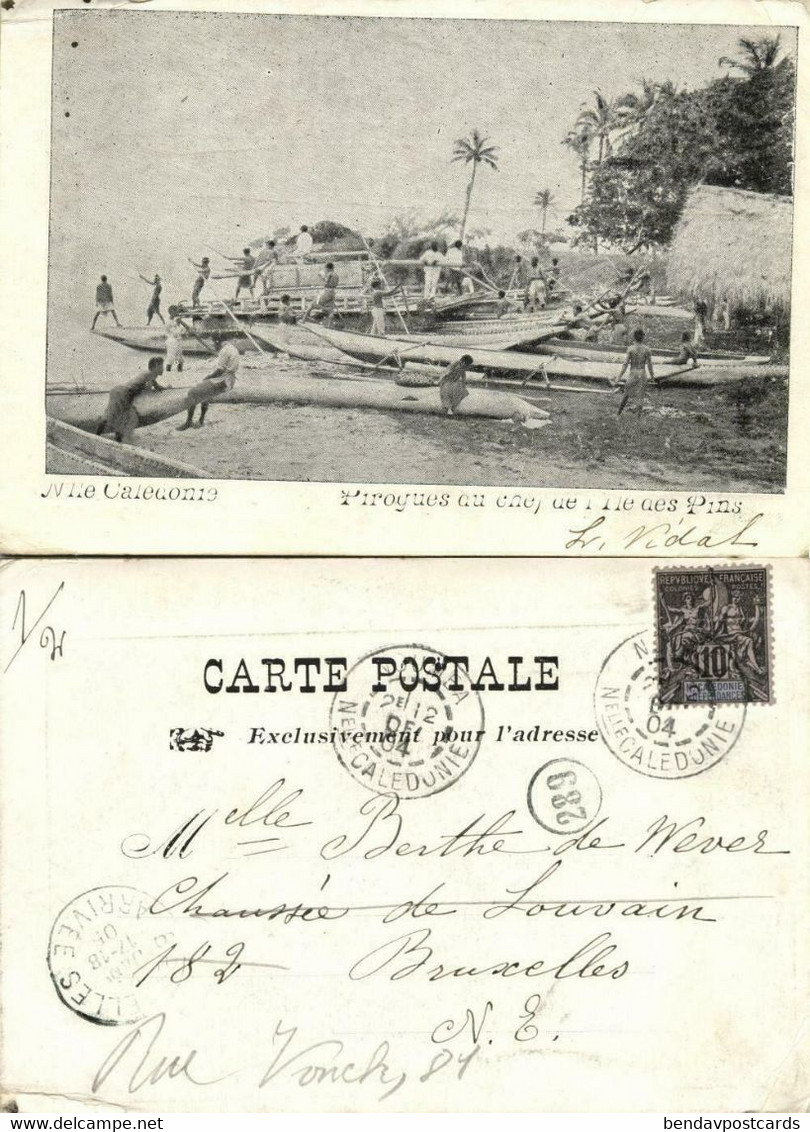 new caledonia, ISLE OF PINES, Native Kanak People with Pirogues (1905) Postcard