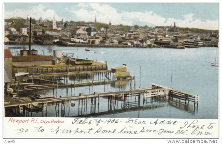 Newport RI, Rhode Island, City View and Harbor Docks, on 1900s Vintage Postcard