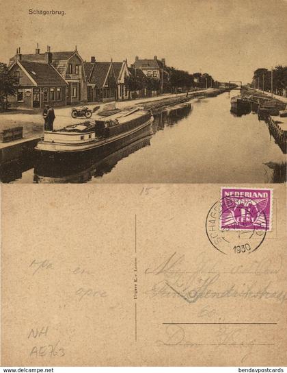 Nederland, SCHAGERBRUG, Schagen, Kanaal, Boot, Winkel (1930) Ansichtkaart