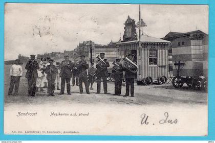 NEDERLAND prentbriefkaart Muzikanten a/h Strand Zandvoort 1904 Haarlem-Zandvoort treinstempel - Nieuwediep