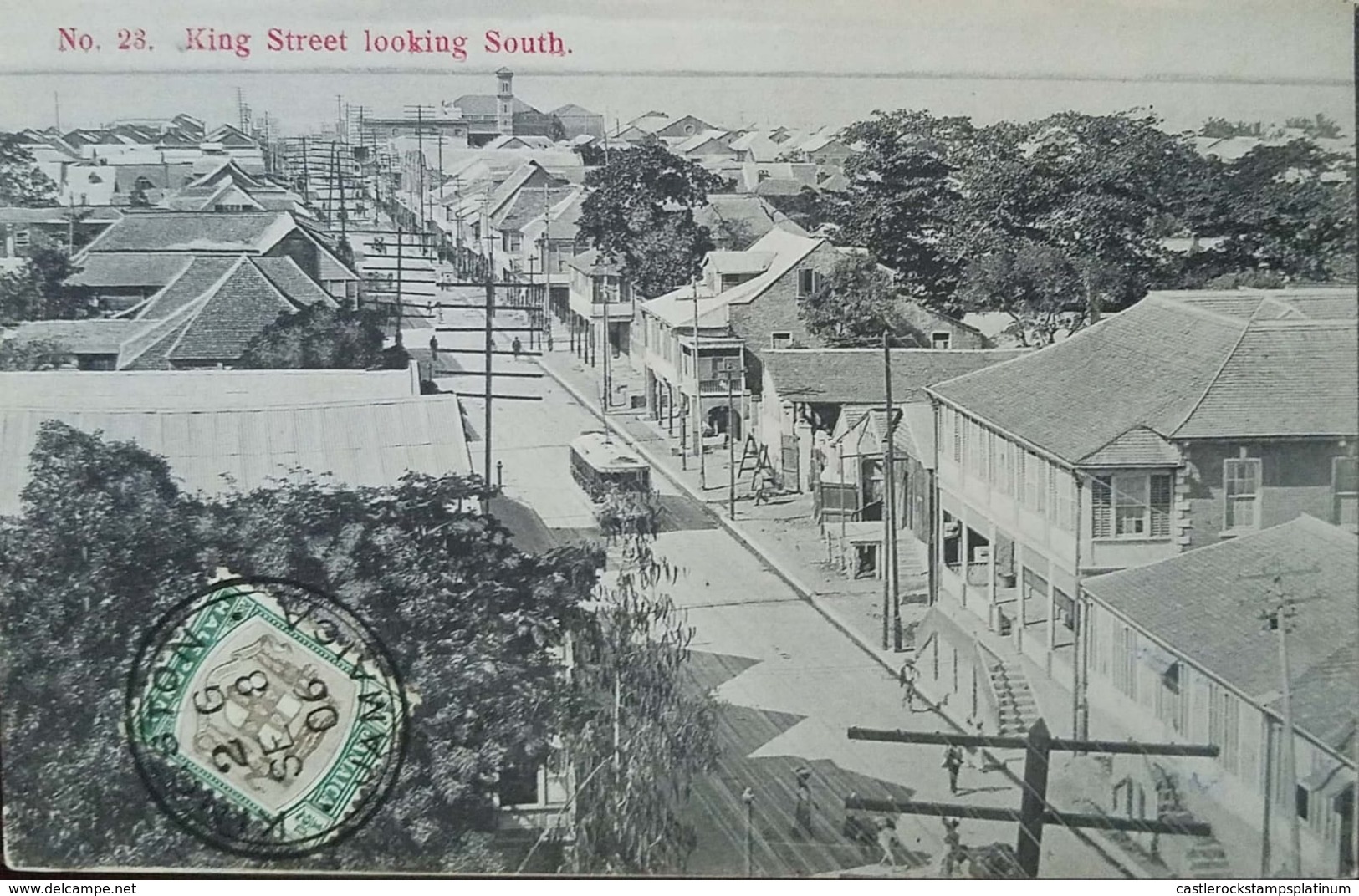 O) 1905 JAMAICA, LANDSCAPE - KING STREET LOOKING SOUTH, ARCHITECTURE, STAMP ARMS OF JAMAICA SC  33 1/2p POSTAL CARD XF