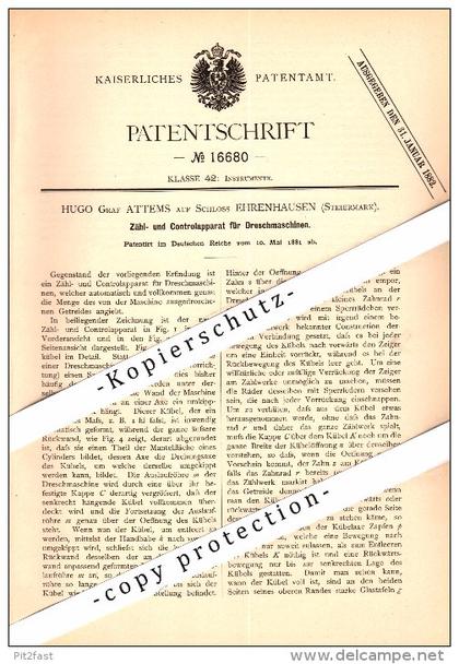 Original Patent - Hugo Graf Attems auf Schloss Ehrenhausen , Steiermark , 1881 , Controlapparat für Dreschmaschine , !!!