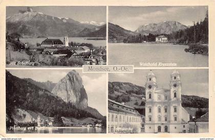 Österreich - Mondsee (OÖ) Mehrfachansicht - Mit Schafberg - Waldhotel Kreuzstein - Plomberg mit Drückenwand - Stiftskirc