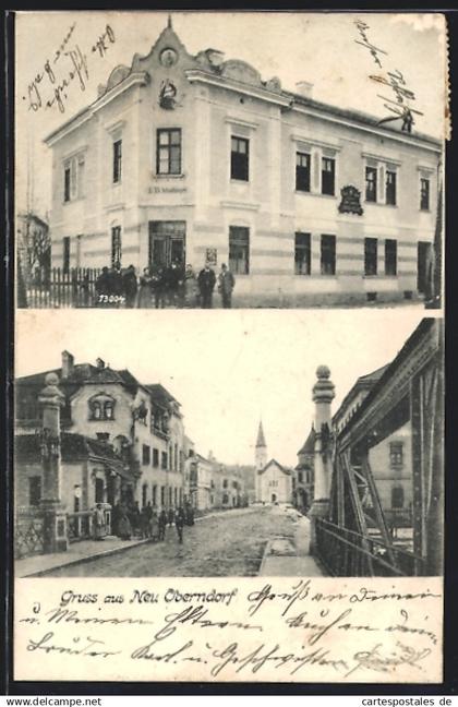 AK Oberndorf bei Salzburg, Neu Oberndorf, Haus J. Th. Schachinger, Strassenpartie mit Blick zur Kirche