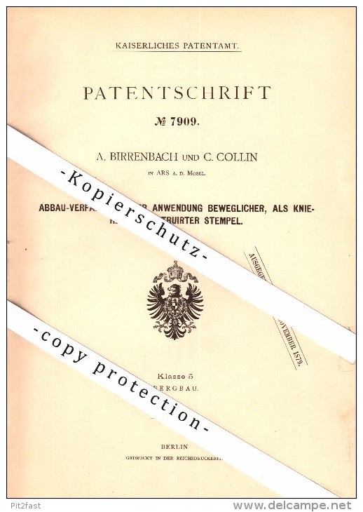 Original Patent - A. Birrenbach et C. Collin à Ars-sur-Moselle , 1879 , Appareil pour l'exploitation minière !!!