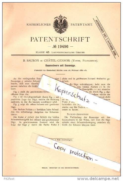 Original Patent - B. Sauron  à Chatel-Censoir , Yonne , 1882 , Élagage des arbres vit avec des ciseaux !!!