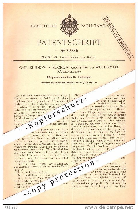 Original Patent - Carl Kuhnow in Buchow-Karpzow b. Wustermark , 1894 , Düngerstreumaschine für Stalldünger , Agrar !!!