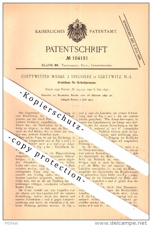 Original Patent - Clettwitzer Werke , J. Treuherz in Klettwitz / Schipkau , 1897 , Preßform für Brikettpressen , Kohle !