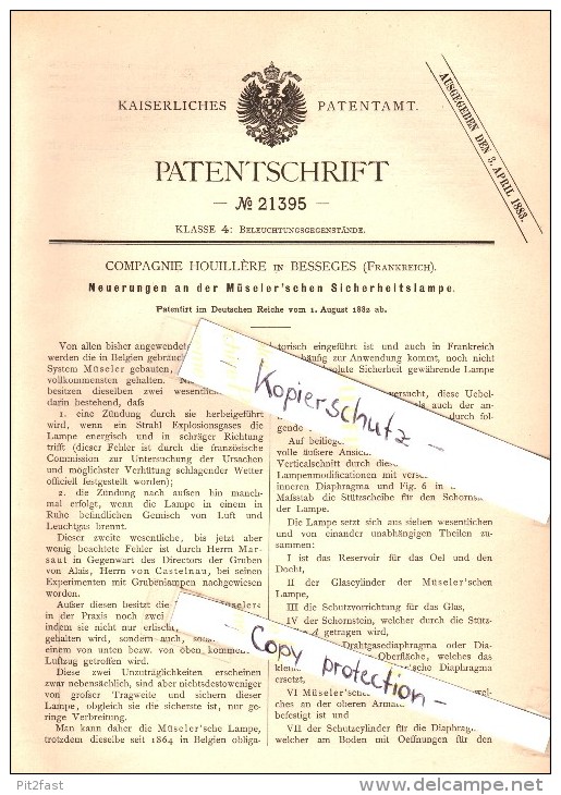 Original Patent - Compagnie Houillere à Besseges , 1882 , lampes de sécurité , exploitation minière , Mueseler !!!