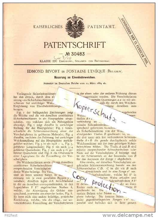 Original Patent - Edmond Bivort in Fontaine-l'Éveque , 1884 , Eisenbahnweiche , Eisenbahn , Weiche !!!