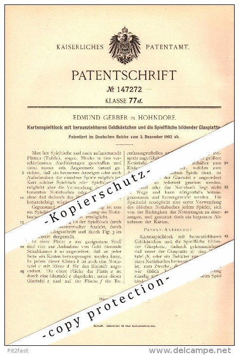 Original Patent - Edmund Gerber in Hohndorf i.S. , 1902 , Kartenspielblock mit Geldkästchen , Skat , Kartenspiel !!!