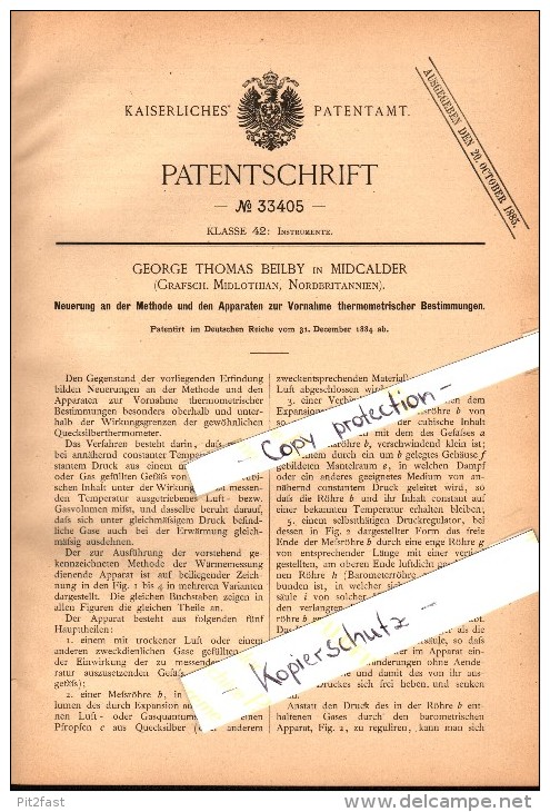 Original Patent - G.Th. Beilby in Mid Calder / Mid Cauder , 1884 , Apparatus for thermometric determination , Scotland !