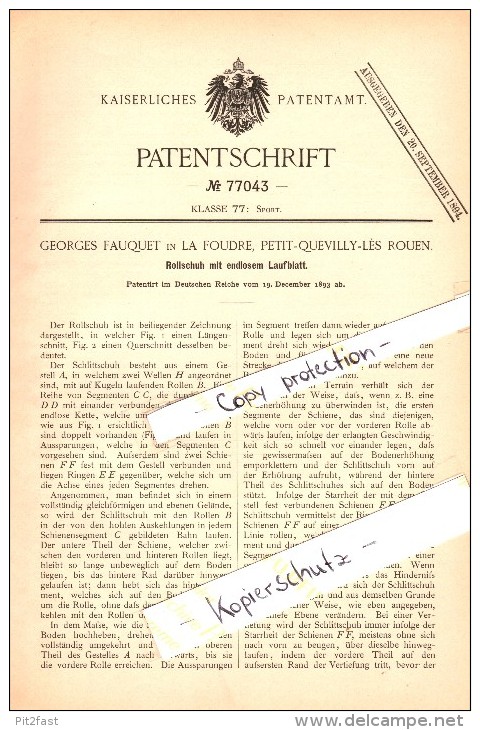 Original Patent - Georges Fauquet à La Foudre , Le Petit-Quevilly , 1893 , roller , Rouen  !!!