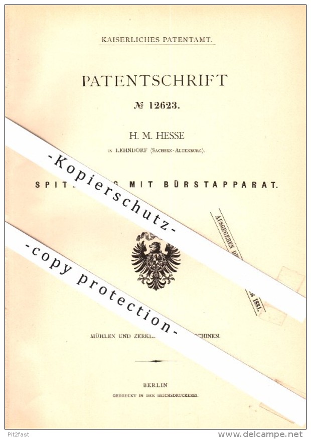 Original Patent - H.M. Hesse in Lehndorf b. Nobitz , 1880 , Bürstapparat für Mühle , Windmühle , Sachsen-Altenburg  !!