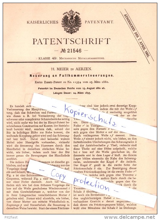 Original Patent - H. Meier in Aerzen , 1882 , Fallhammersteuerung , Hameln-Pyrmont !!!