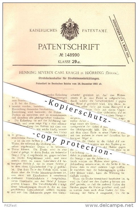 original Patent - Henning S. C. Kragh in Hjörring , Dänemark ,1902, Strohhalter für Strohkämmeinrichtungen , Hjørring !!