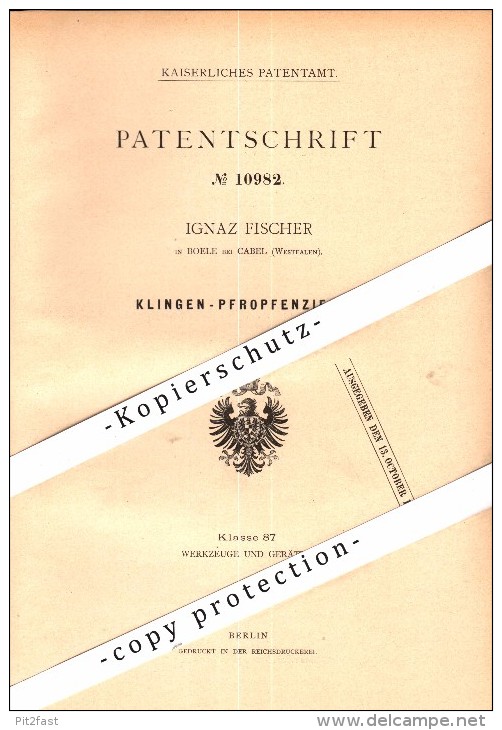 Original Patent - Ignaz Fischer in Boele b. Kabel / Hagen , 1880 , Klingen - Pfropfenzieher !!!