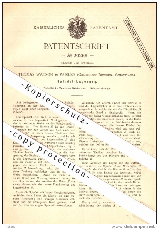 Original Patent - James Lyle in Paisley , Scotland , 1882 , Spindle for spinning !!!